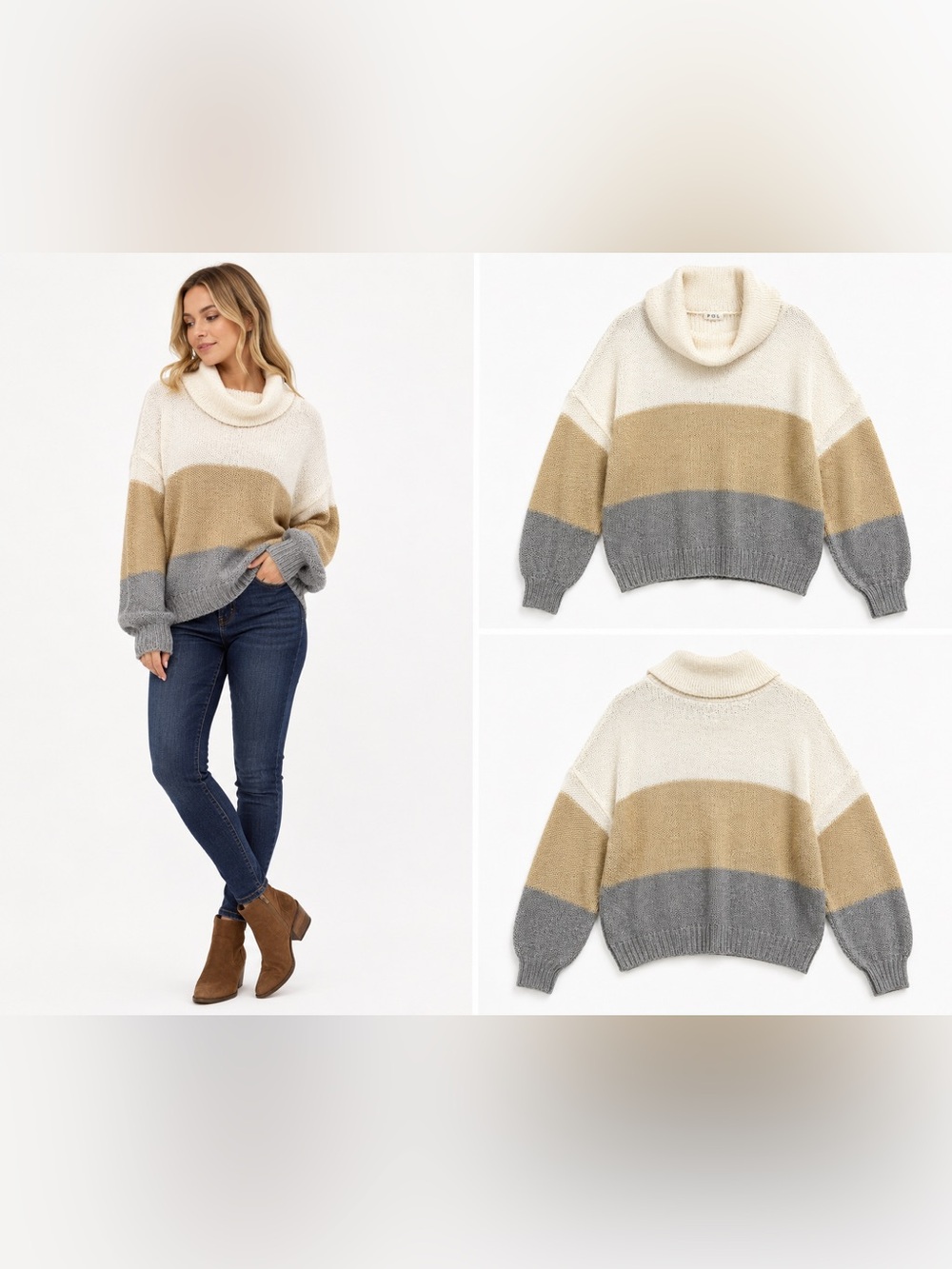 POL Color Block Cowl Neck Knit Sweater Cream Camel Gray Medium